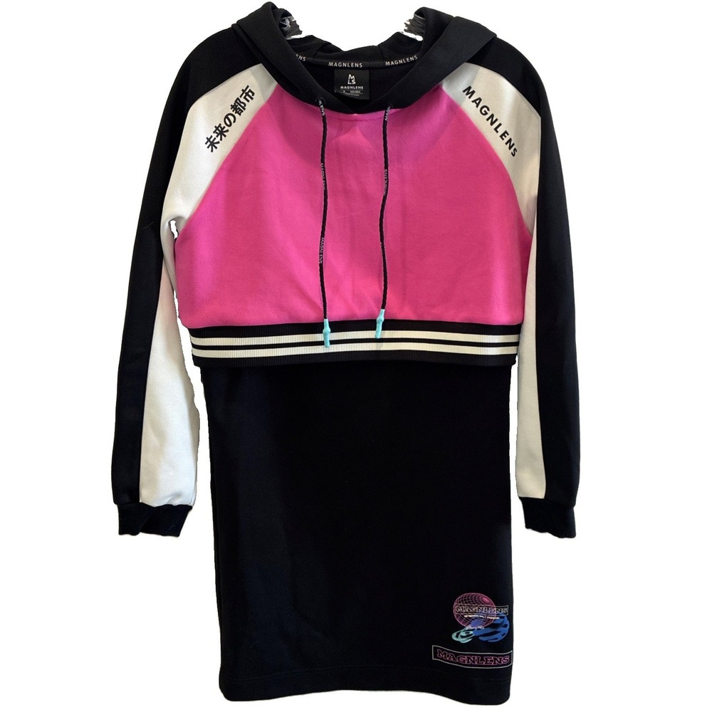 MAGNLENS Women's S Hooded Mini Dress Pink/Black ~Future City Athleisure.